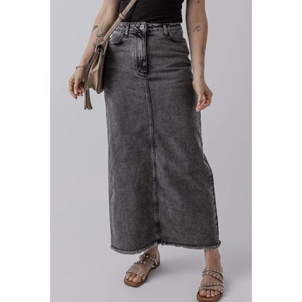 Dark Grey Denim Raw Hem Back Split High Waist Long Skirt