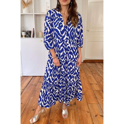 Blue Western Abstract Geometric Printed Maxi Dress