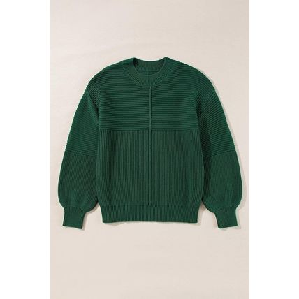 Blackish Green Textured Knit Crewneck Lantern Sleeve Sweater