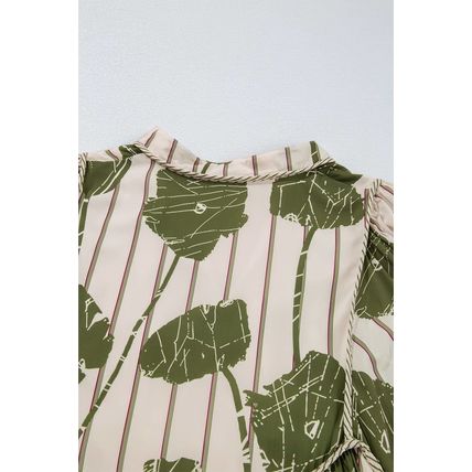 Guacamole Green Floral Striped Print Contrast Piping Puff Sleeve Dress