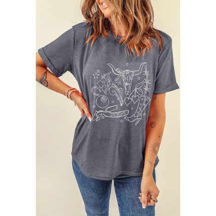 Gray Cowgirl Boots OX Head Western Fashion Print Crewneck Tee