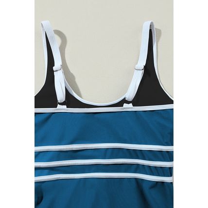 Dark Blue Contrast Trim Colorblock U Neck One Piece Swimwear