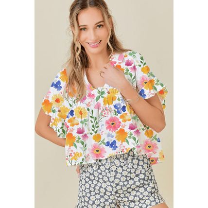 Yellow Floral Boxy Fit Ruffled Short Sleeve V Neck Blouse