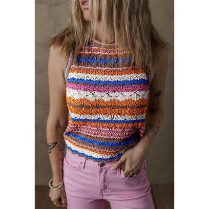 Dark Blue Striped Textured Knit Crew Neck Sweater Vest