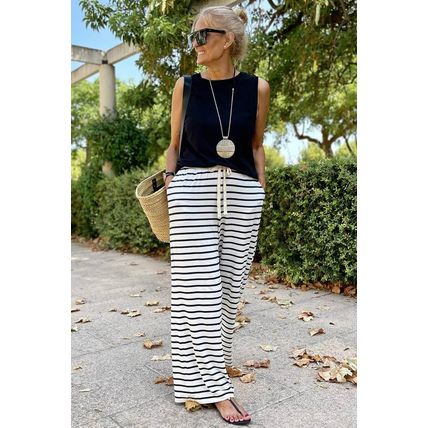 White Drawstring Striped Wide Leg Pants