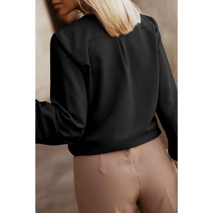 Black Crew Neck Gathered Stretch Cuff Shirt