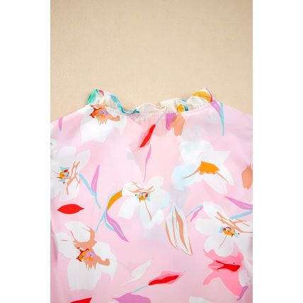 Multicolour Contrast Floral Patchwork Notched Neck Flutter Sleeve Blouse