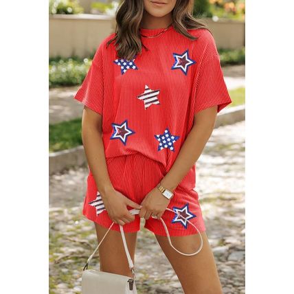 Orange Sequin USA Flag Star Graphic Corded T Shirt and Shorts Set