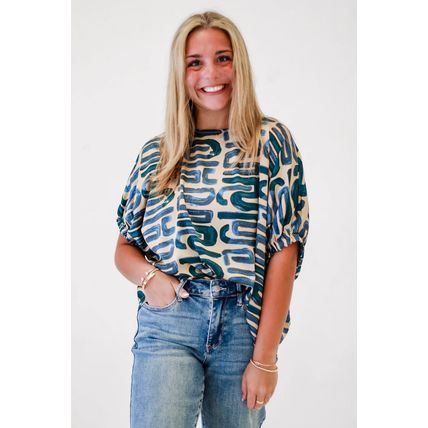 Beige Abstract Print Short Sleeve Loose Top