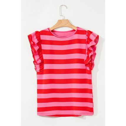 Red Stripe Flutter Sleeve Round Neck T Shirt