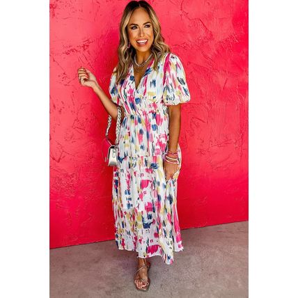 Rose Abstract Print Short Puff Sleeve Tiered Maxi Dress