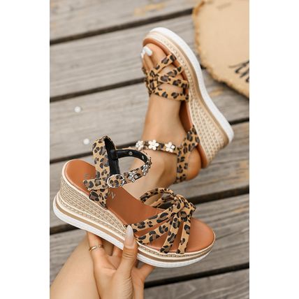 Chestnut Rhinestone Flower Decor Leopard Strappy Wedge Sandals