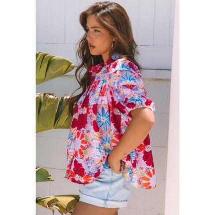 Pink Floral Print Bubble Sleeve Button Up Pleated Shirt