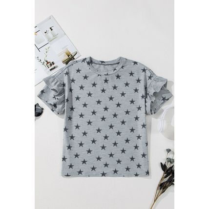 Gray Star Print Tiered Ruffled Sleeve Crew Neck T Shirt