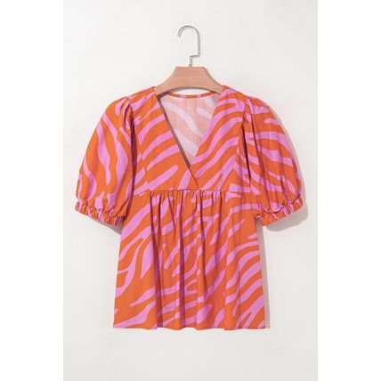 Orange Zebra Stripe Print Ruched Cuff Half Sleeve V Neck Blouse