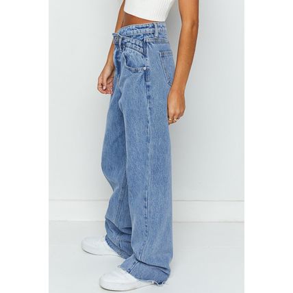 Blue Mid Rise Asymmetrical Waist Wide Leg Jeans