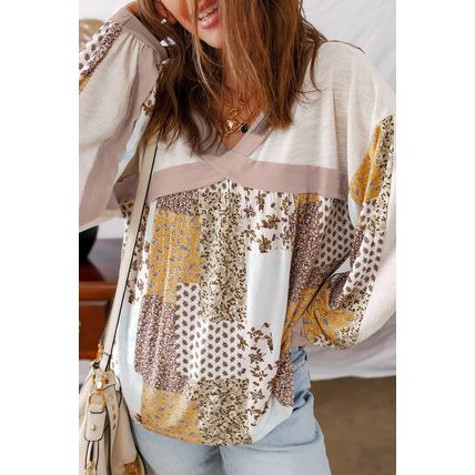 White Floral Printed Contrast Patchwork Long Sleeve Top