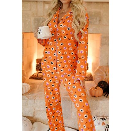 Orange Halloween Print Lapel Shirt Long 2pcs Pajama Set