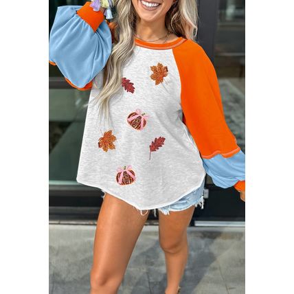 Light Grey Sequin Fall Elements Patched Color Block Patchwork Long Sleeve Loose