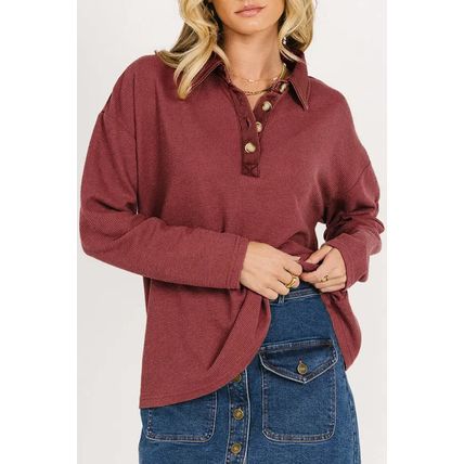 Red Dahlia Solid Color Long Sleeve Thermal Knit Polo Collar Patchwork Top