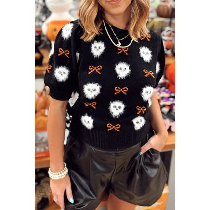 Black Short Puff Sleeve Bow Knot Plush Skeleton Halloween Sweater