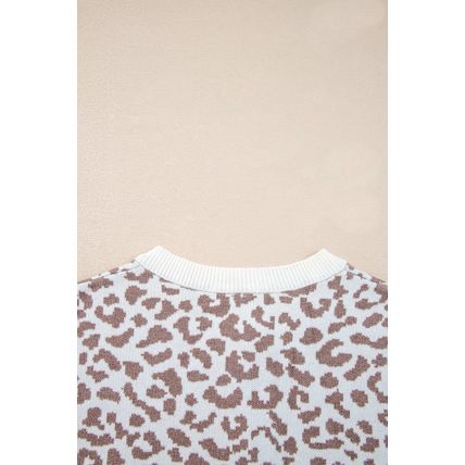 Khaki Leopard Drop Shoulder Chunky Knitted Cardigan Sweater