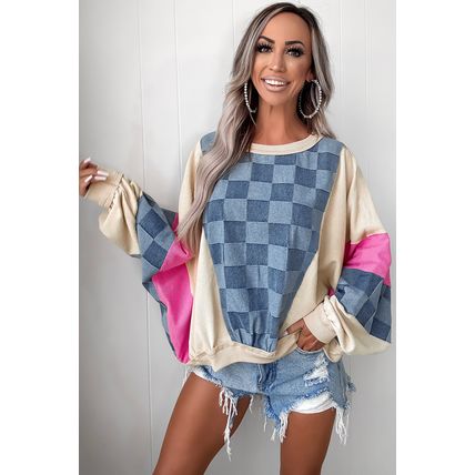 Sky Blue Oversized Checkered Denim Exposed Seam Patchwork Casual Sweatshirt