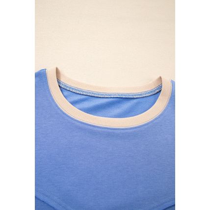 Blue Exposed Seam Floral Mixed Patchwork Relaxed Plus Size Top