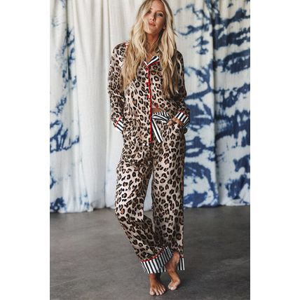 Khaki Leopard Print Colorblock Striped Edge Shirt and Pants Pajama Set