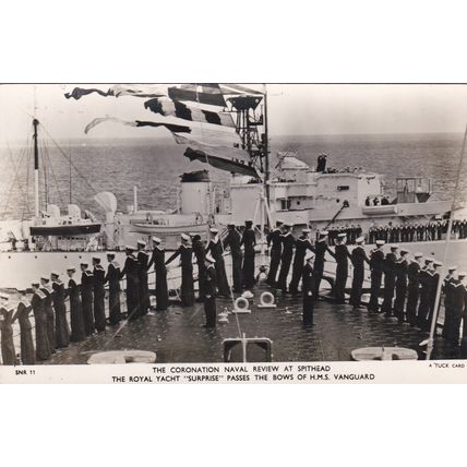 ED45 CORONATION REVIEW AT SPITHEAD. ROYAL YACHT PASSING HMS VANGUARD RP POSTCARD