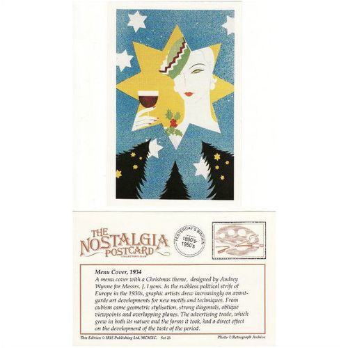 Postcard Audrey Wynne Christmas Menu Cover 1934 J Lyons - Nostalgia