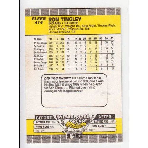 1989 Fleer Ron Tingley rookie card #414- RC-NM-Indians
