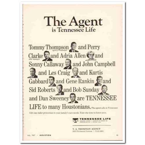 tennessee life insurance company 1967 tommy thompson agency vintage ad
