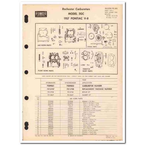 rochester carburetors 1957 pontiac v-8 2gc 700983x vintage manual