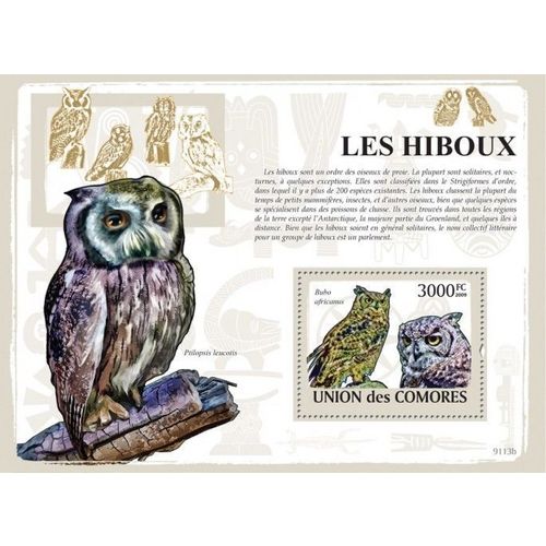 COMORES 2009 SHEET MNH OWLS HIBOUX EULEN BUHOS CORUJAS BIRDS AVES OISEAUX 1A