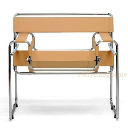 Light Brown Tan Camel Beige Faux Leather Strap Chromed Steel Tube Frame Chair