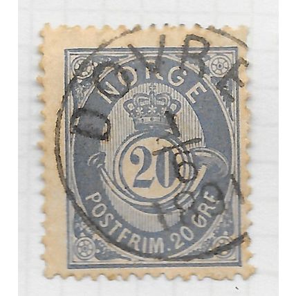 NORWAY 1886 CLASSIC POSTHORN UNSHADED 20ore BLUE USED DATED DOVRE PMK VILLAGE