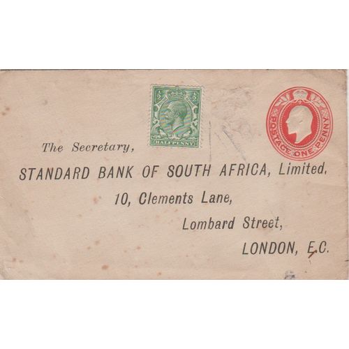 GB circa 1911 prepaid plus stamp to Standard Bank of S Africa in London see rest