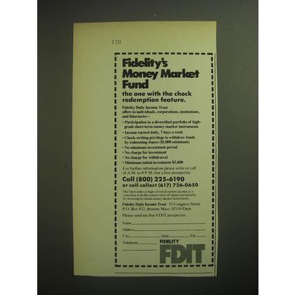 1974 Fidelity FDIT Advertisement - Fidelity's Money Market Fund