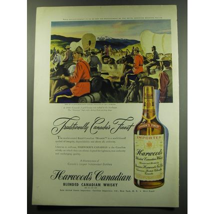 1949 Harwood's Canadian Whisky Ad - Gold Miners and Mounties art by Ray Johnson