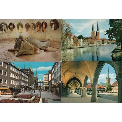 Lubeck Germany Church Bell Shops River Chemist 4x Postcard s
