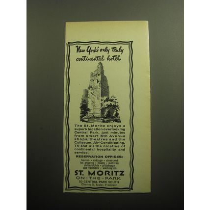 1958 St. Moritz Hotel Ad - New York's only truly continental hotel