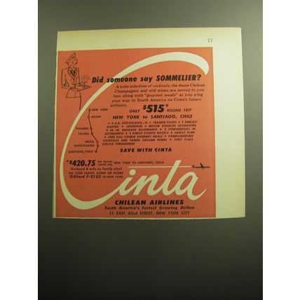 1958 Cinta Chilean Airlines Ad - Did someone say Sommelier?