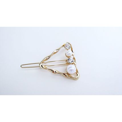 Smaller wavy gold triangle pearl and crystal hair pin clip barrette for fine