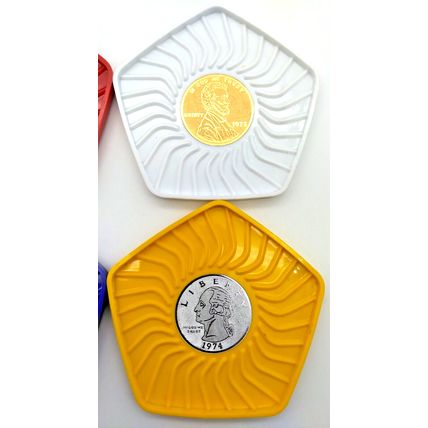 Vintage 70's American Coin Coasters Plastic 3.5 In & Two American Flag Postcards