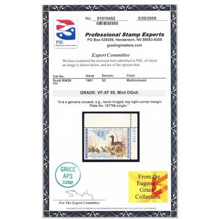 RW28, Mint NH VF/XF $3 Duck Stamp - PSE Graded 85 * Stuart Katz