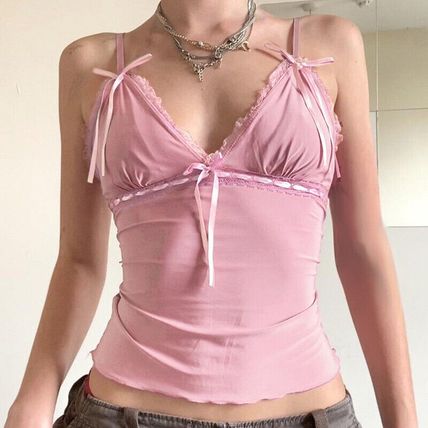 Ribbons Bow Patchwork Lace Crop Top Pink Coquette Aesthetic Slim-fit V-neck