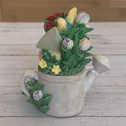 Vintage Bunny Rabbit Watering Can Lidded Trinket Box Tulips Roses Sun Bonnet Hat