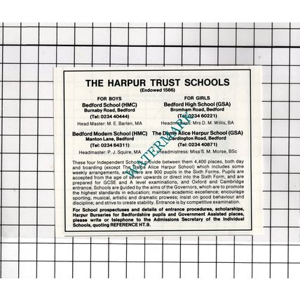 The Harpur Trust Schools Bedford School Bedfordshire - 1989 Small Advert