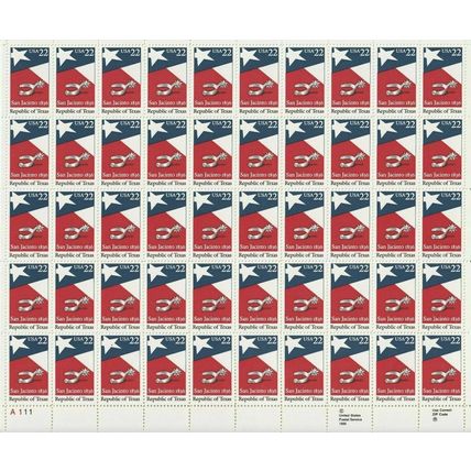 San Jacinto Republic of Texas Sheet of 50 - 22 Cent US Postage Stamps Scott 2204